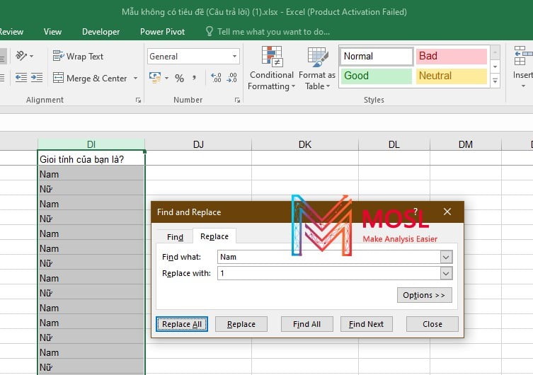 Cách mã hóa dữ liệu trong excel bằng lệnh Find và Replace.