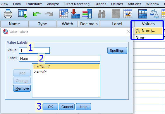 Cách khai báo values trong nhập liệu spss