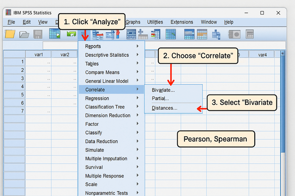 Ảnh chụp hoặc minh họa giao diện SPSS với các bước phân tích tương quan Pearson và Spearman.